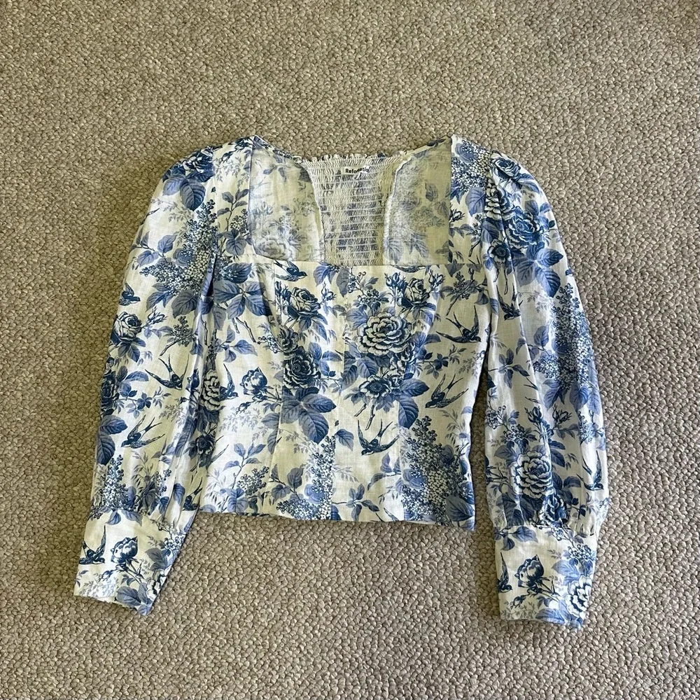 Reformation Blue and White Floral Puff-Sleeve Square Neck Top